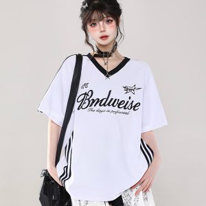 Summer 2025 Women’s American Style Loose V-Neck Short Sleeve T-Shirt, Niche Shoulder, College Style, Pure Cotton Top