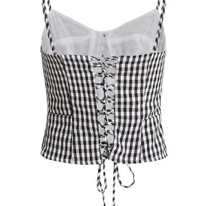Summer 2025 Women's Black and White Checkered Short Top - French Vacation Style, Trendy and Chic Fashion