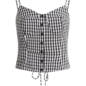 Summer 2025 Women's Black and White Checkered Short Top - French Vacation Style, Trendy and Chic Fashion