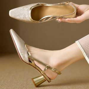 Summer 2025 Women's Chunky Heel Back Strap Closed Toe Sandals, Embroidered Cowhide National Style