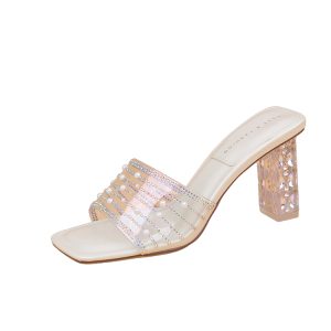 Summer 2025 Women's Chunky Heel Slippers with Rhinestones, Transparent Elegant High Heels, Versatile Slide Sandals