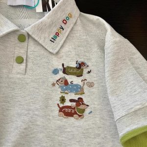Summer 2025 Women’s Color-Blocking Polo Collar Short Sleeve T-Shirt with Embroidered Puppy - Cute Cartoon Shoulder-Reducing Style