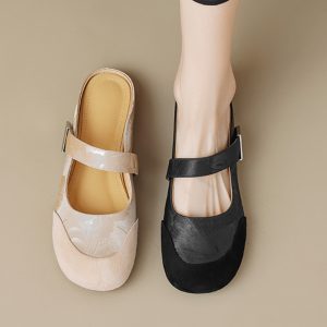 Summer 2025 Women's Cute Apricot Round Toe Flat Half Slippers - Top Layer Cowhide Outdoor Footwear