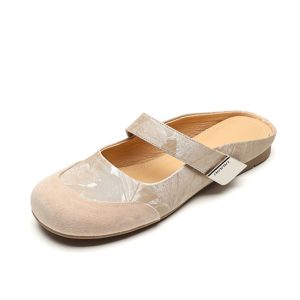 Summer 2025 Women's Cute Apricot Round Toe Flat Half Slippers - Top Layer Cowhide Outdoor Footwear