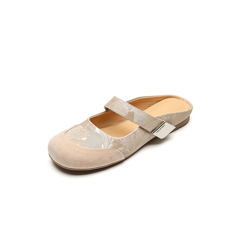 Summer 2025 Women's Cute Apricot Round Toe Flat Half Slippers - Top Layer Cowhide Outdoor Footwear