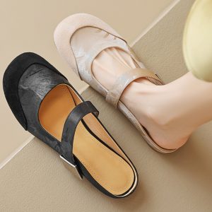 Summer 2025 Women's Cute Apricot Round Toe Flat Half Slippers - Top Layer Cowhide Outdoor Footwear