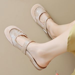 Summer 2025 Women's Cute Apricot Round Toe Flat Half Slippers - Top Layer Cowhide Outdoor Footwear