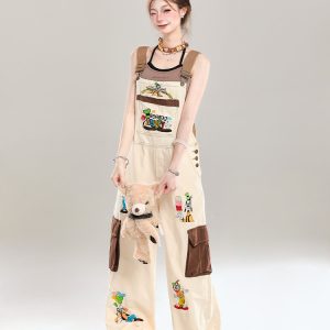 Summer 2025 Women's Embroidered Cartoon Jumpsuit - Loose Casual Overalls in Trendy American Style