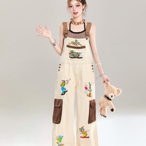 Summer 2025 Women's Embroidered Cartoon Jumpsuit - Loose Casual Overalls in Trendy American Style