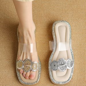 Summer 2025 Women’s Fairy Style Transparent One-Strap Open-Toe Slippers with Thick Sole and Camellia Design