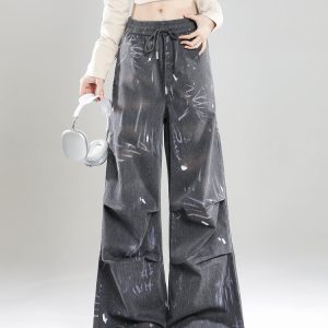 Summer 2025 Women's High Street Graffiti Wide Leg Loose Casual Trousers - American Style Straight Pants