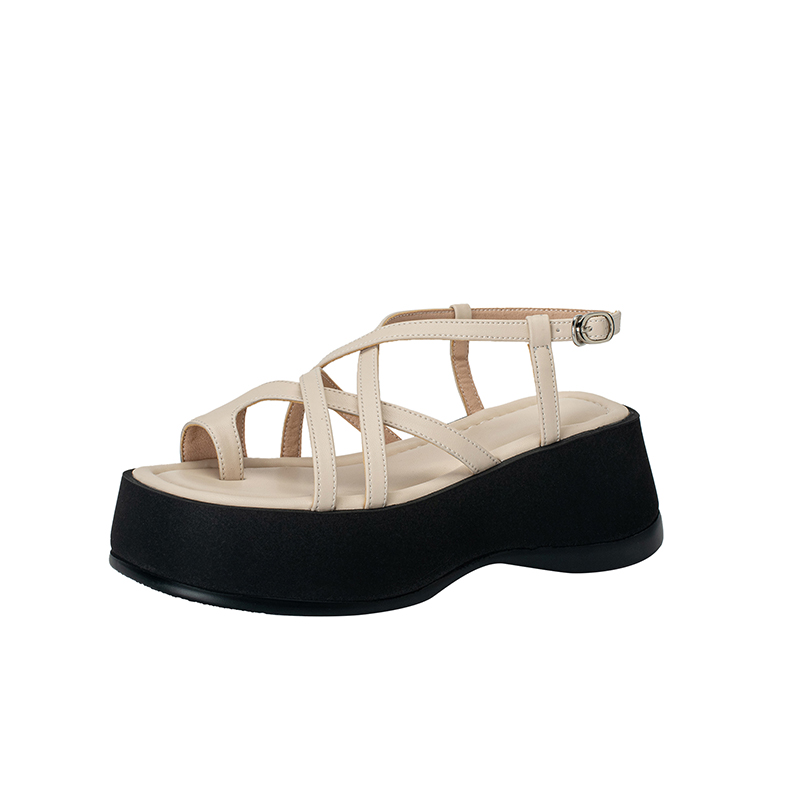 Summer 2025 Women's Open-Toe Platform Sandals in Layered Cowhide with Cross Strap and Thick Bottom