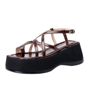 Summer 2025 Women's Open-Toe Platform Sandals in Layered Cowhide with Cross Strap and Thick Bottom