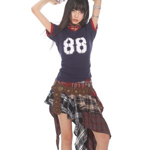 Summer 2025 Women’s Patchwork Plaid Irregular Multi-Layer Cake Skirt - Hot Girl American Style Fashion
