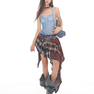 Summer 2025 Women’s Patchwork Plaid Irregular Multi-Layer Cake Skirt - Hot Girl American Style Fashion