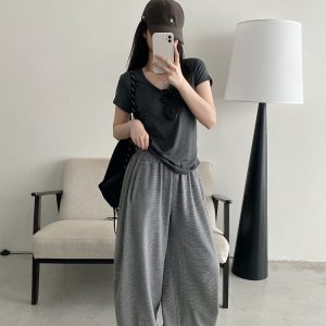 Summer 3D Segmented Deconstructed Wide-Leg Striped Sports Pants with Drawstring - Loose Fit Casual Trousers for Women