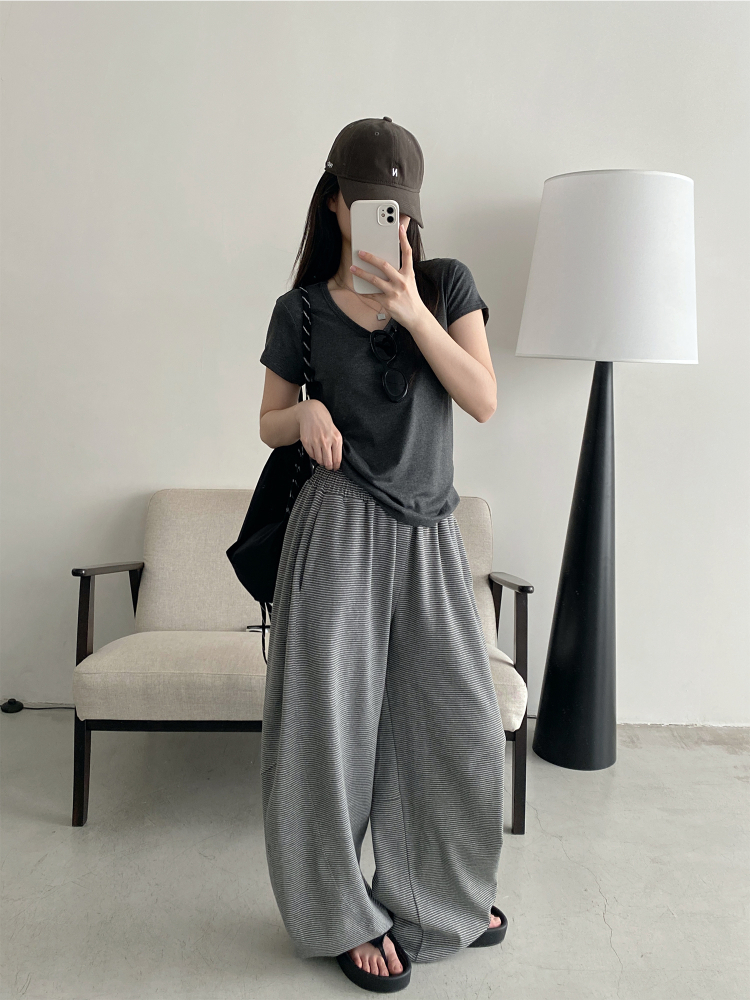 Summer 3D Segmented Deconstructed Wide-Leg Striped Sports Pants with Drawstring - Loose Fit Casual Trousers for Women Summer 3D Segmented Deconstructed Wide-Leg Striped Sports Pants with Drawstring - Loose Fit Casual Trousers for Women