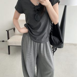 Summer 3D Segmented Deconstructed Wide-Leg Striped Sports Pants with Drawstring - Loose Fit Casual Trousers for Women