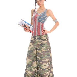 Summer American-Style Camouflage Wide-Leg Pants for Women - Loose Fit, Floor-Length Casual Workwear