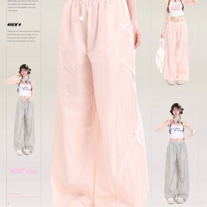 Summer American-Style Quick-Dry Wide-Leg Pants for Women, Bow Accent Loose Straight-Leg Casual Trousers