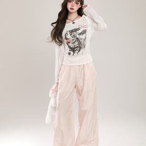 Summer American-Style Quick-Dry Wide-Leg Pants for Women, Bow Accent Loose Straight-Leg Casual Trousers