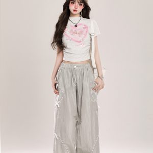Summer American-Style Quick-Dry Wide-Leg Pants for Women, Bow Accent Loose Straight-Leg Casual Trousers