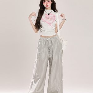 Summer American-Style Quick-Dry Wide-Leg Pants for Women, Bow Accent Loose Straight-Leg Casual Trousers