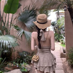 Summer Backless Halter Dress - American Retro Irregular Short Skirt with Shazhou Rainforest Design, Perfect for Y2K and Boho Styles