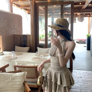 Summer Backless Halter Dress - American Retro Irregular Short Skirt with Shazhou Rainforest Design, Perfect for Y2K and Boho Styles