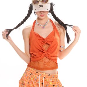 Summer Beach Low-Cut Knotted Lace Spliced Tank Top for Spicy Girls - Trendy Casual Wear, Perfect for 90s and Y2K Styles