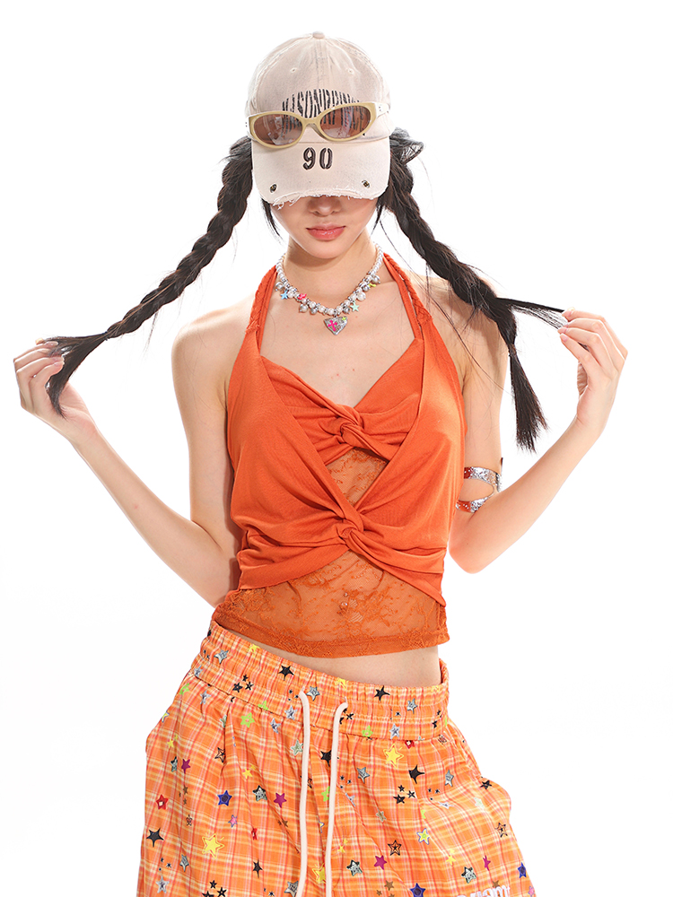 Summer Beach Low-Cut Knotted Lace Spliced Tank Top for Spicy Girls - Trendy Casual Wear, Perfect for 90s and Y2K Styles Summer Beach Low-Cut Knotted Lace Spliced Tank Top for Spicy Girls - Trendy Casual Wear, Perfect for 90s and Y2K Styles