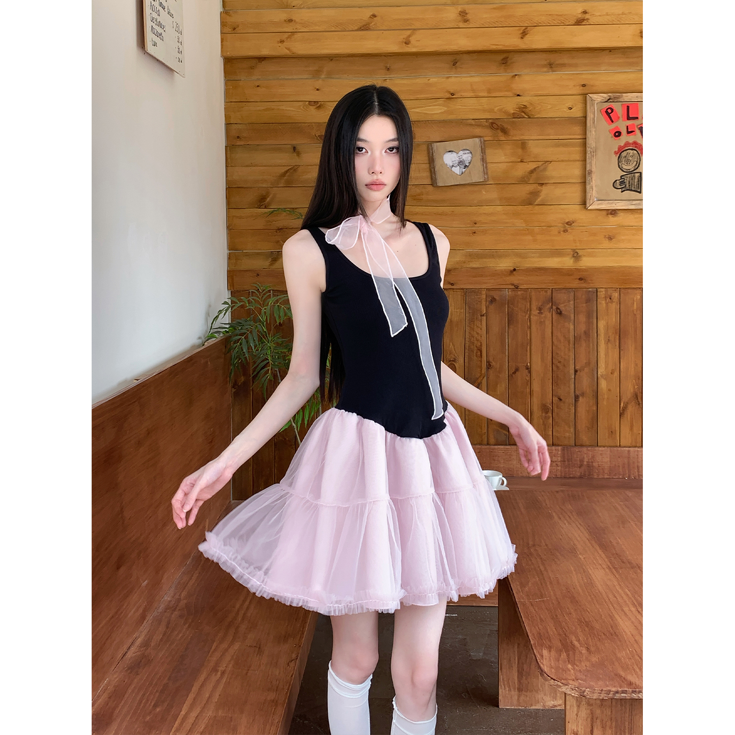 Summer Black and Pink Color-Block Sleeveless Knitted Dress with Sweet Patchwork Puff Skirt - Trendy Y2K Style