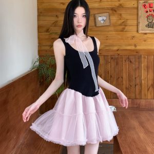 Summer Black and Pink Color-Block Sleeveless Knitted Dress with Sweet Patchwork Puff Skirt - Trendy Y2K Style