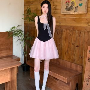 Summer Black and Pink Color-Block Sleeveless Knitted Dress with Sweet Patchwork Puff Skirt - Trendy Y2K Style