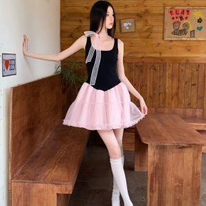 Summer Black and Pink Color-Block Sleeveless Knitted Dress with Sweet Patchwork Puff Skirt - Trendy Y2K Style