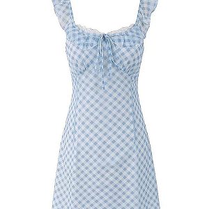 Summer Blue Spaghetti Strap Dress - Vacation Style Slim A-Line Short Skirt for 2025 Y2K Fashion