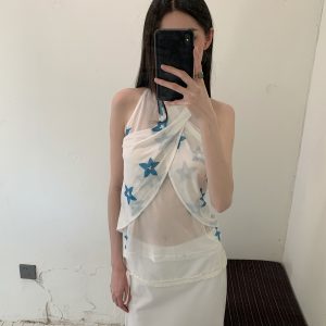 Summer Blue Star Flower Halter Lightweight Sleeveless Tank Top - Trendy Floral Design for Casual Y2K Style