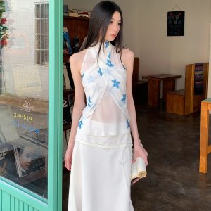 Summer Blue Star Flower Halter Lightweight Sleeveless Tank Top - Trendy Floral Design for Casual Y2K Style