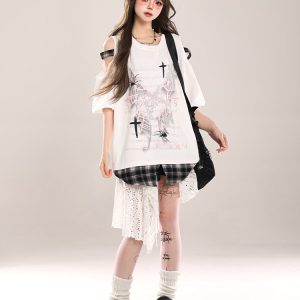 Summer Butterfly Print Short Sleeve T-Shirt for Women, American Style Loose Off-Shoulder Top, Cool Subculture Fashion