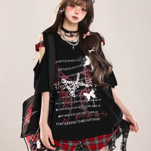 Summer Butterfly Print Short Sleeve T-Shirt for Women, American Style Loose Off-Shoulder Top, Cool Subculture Fashion