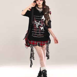 Summer Butterfly Print Short Sleeve T-Shirt for Women, American Style Loose Off-Shoulder Top, Cool Subculture Fashion