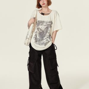 Summer Butterfly Print U-Neck Short Sleeve T-Shirt for Women - Spicy Girl American Style Loose Slimming Top