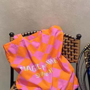 Summer Canvas Tote Bag with Pink Orange Diamond Pattern - Large Capacity Fashion Commute Bag for Magic Market Style