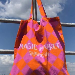 Summer Canvas Tote Bag with Pink Orange Diamond Pattern - Large Capacity Fashion Commute Bag for Magic Market Style