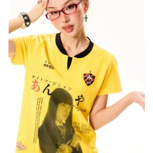 Summer Character Print Short Sleeve T-Shirt for Women - Casual Versatile Yellow Top, Trendy 90s Style