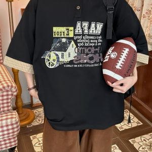 Summer Color Block Cartoon Short Sleeve Shirt for Women - Fun Retro Fake Two-Piece Polo Top, Y2K Style