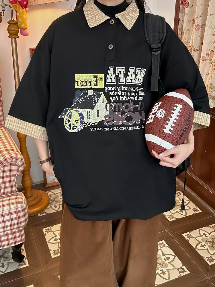 Summer Color Block Cartoon Short Sleeve Shirt for Women - Fun Retro Fake Two-Piece Polo Top, Y2K Style Summer Color Block Cartoon Short Sleeve Shirt for Women - Fun Retro Fake Two-Piece Polo Top, Y2K Style