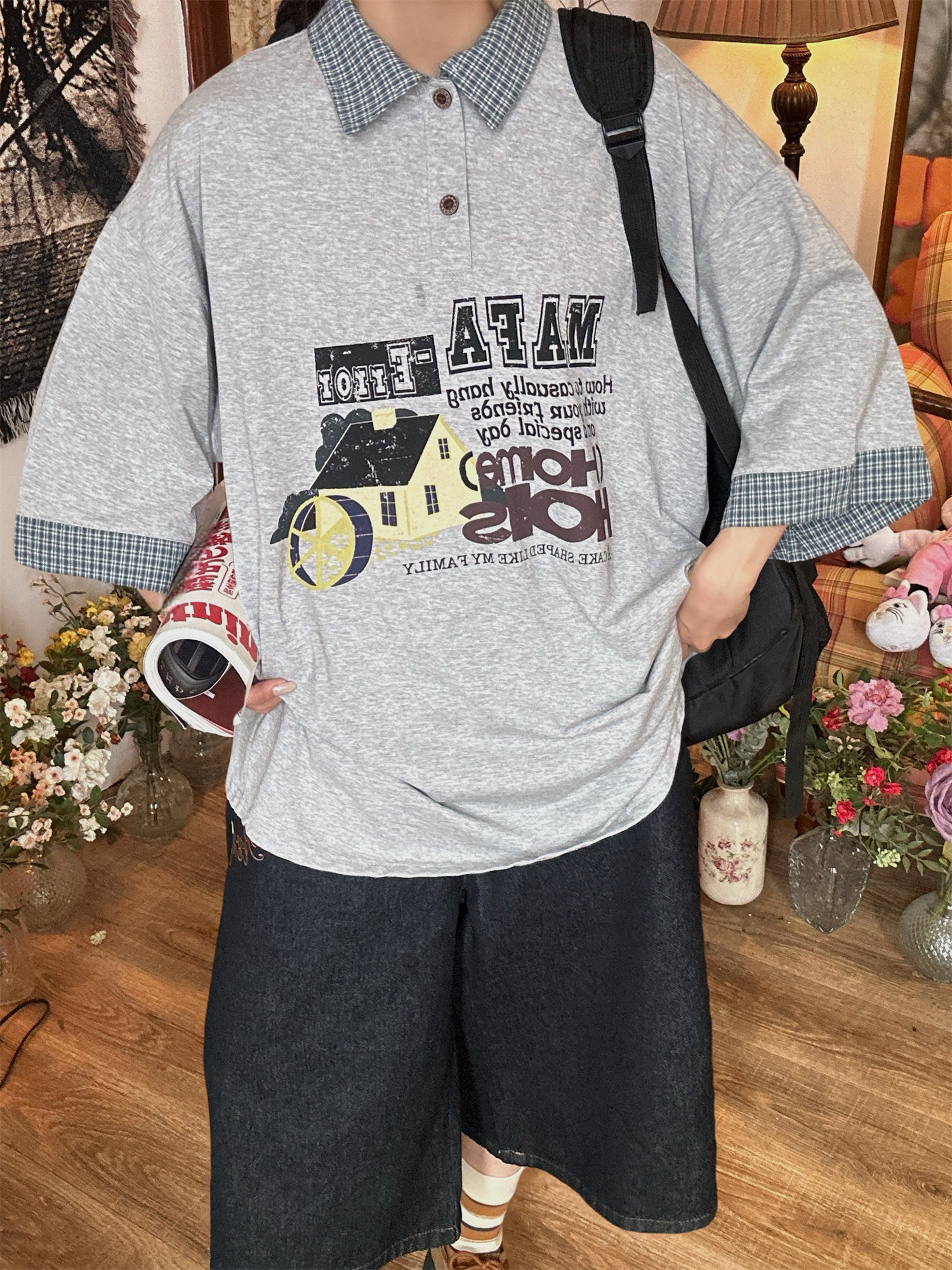 Summer Color Block Cartoon Short Sleeve Shirt for Women - Fun Retro Fake Two-Piece Polo Top, Y2K Style Summer Color Block Cartoon Short Sleeve Shirt for Women - Fun Retro Fake Two-Piece Polo Top, Y2K Style