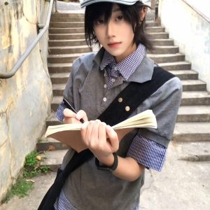 Summer Color-Blocked Retro Two-Piece Short Sleeve T-Shirt for Women - Slim Fit Polo Collar Flattering Shoulder Top