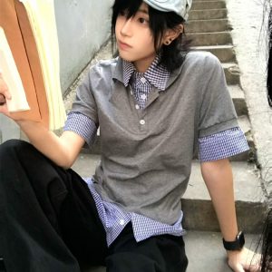 Summer Color-Blocked Retro Two-Piece Short Sleeve T-Shirt for Women - Slim Fit Polo Collar Flattering Shoulder Top